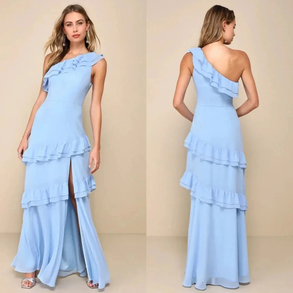 Lulus Brilliant Grace Light Blue Ruffled One-Shoulder Maxi Dress M Wedding - Picture 1 of 9